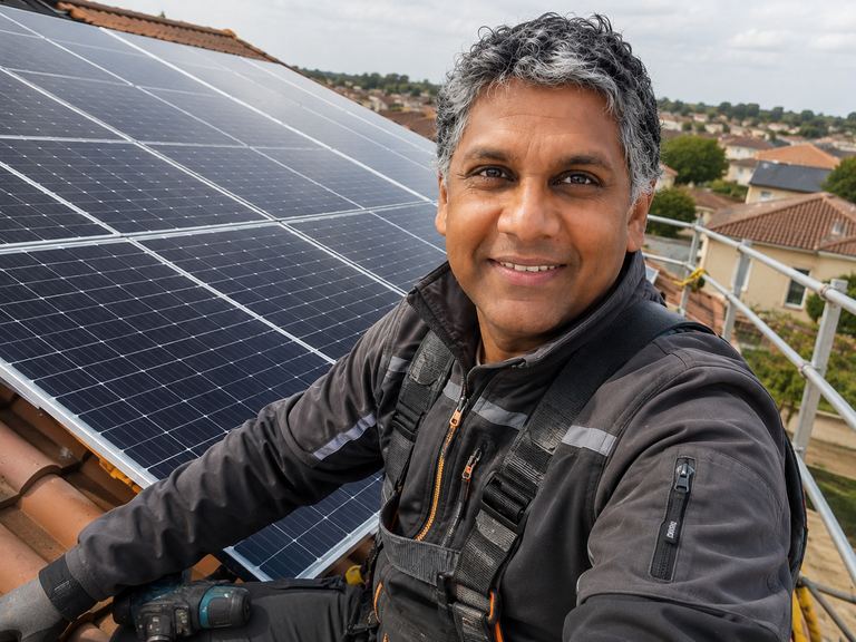 Pascal, fondateur de Sevetian Photovoltaïque, sur un toit pendant l'installation de panneaux photovoltaïques